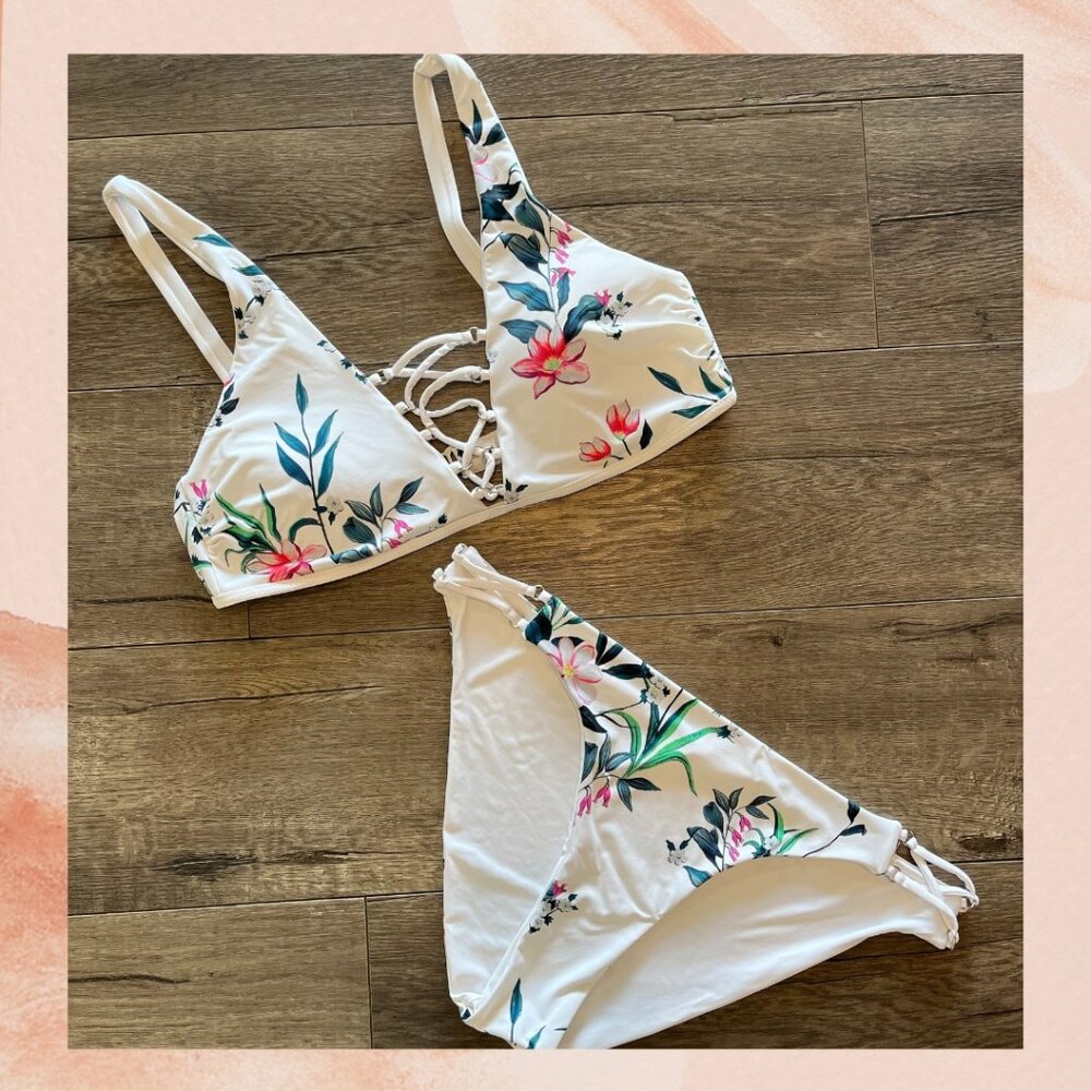 White Tropical Floral Print Bikini Swimsuit